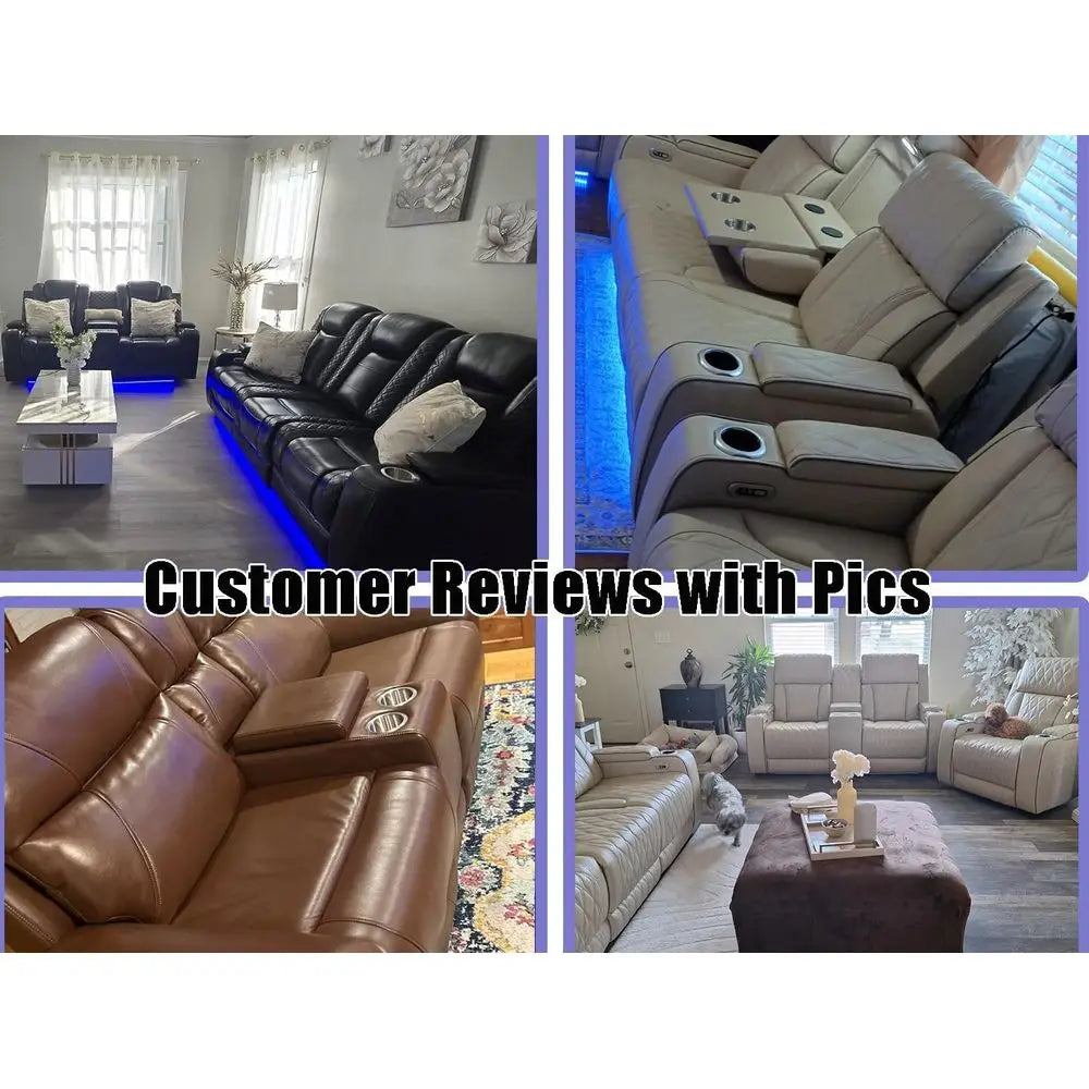 Beige Leather Power Reclining Chair Set, Sectional Sofa with Reclining and Storage, LED-lit Living Room Furniture
