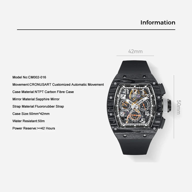 CRONUSART Men Automatic Watch 50MM Chronograph Tonneau Mechanical Wristwatch Sport Carbon Fibre Case Luminous Fluororubber Strap