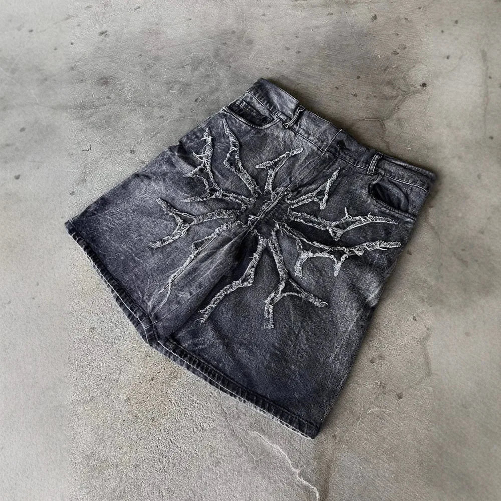 Goth Retro Men Baggy Unisex Short Pants Y2K Phantom Jeans High Street Spider Embroidered Patch Hip Hop Streetwear Straight Jeans