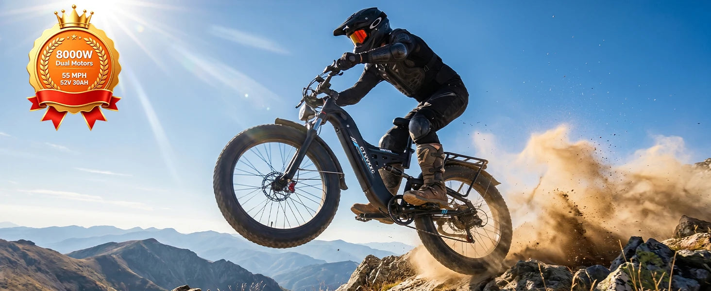 8000W Dual Motor Electric Bike for Adults, Ebike 55 MPH, 52V 30AH, E-Bike 120Miles, 26'' Fat Tire All Terrain E Bike for Men Wom