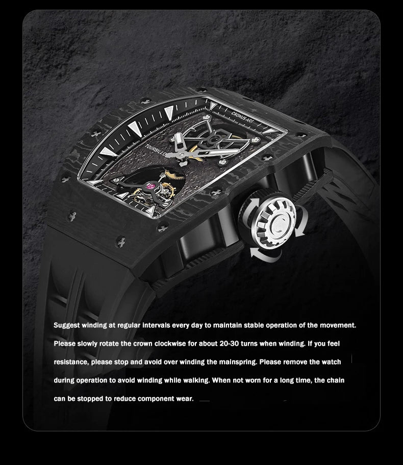 CRONUSART Men Tourbillon Watch 50mm Tonneau Mechanical Wristwatch Carbon Fiber Case & Dial Luminous Sapphire Mirror