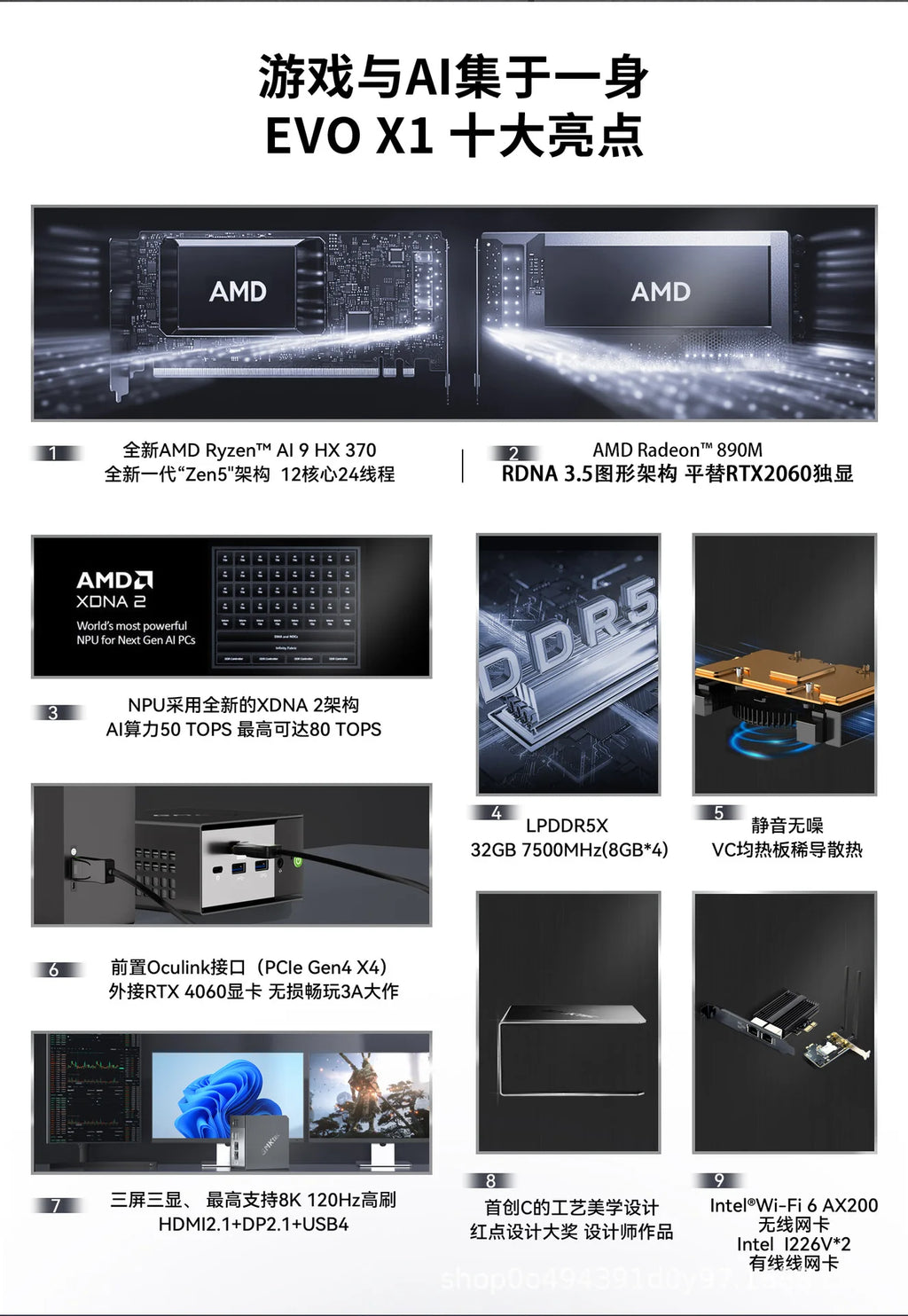 GMK EVO-X1 AI 9 HX 370miniPC Mini Host Ryzen Gaming Design Office Computer Host