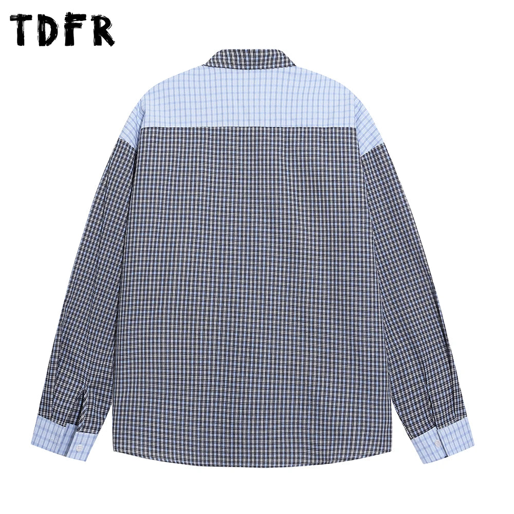 Plaid Patchwork Long Sleeve Shirts Mens Cartoon Embroidery Spring Retro Casual Loose Lapel Single Breasted Shirts Man