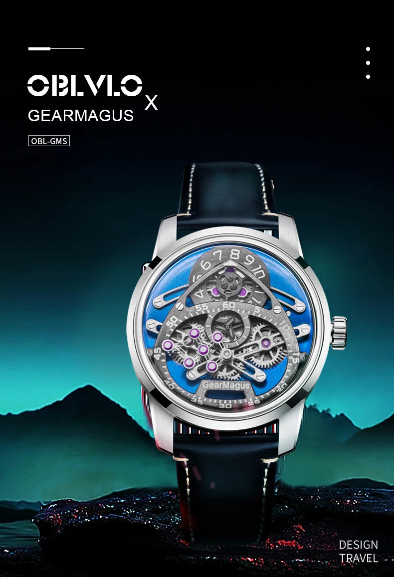 OBLVLO Men Automatic Watch 42MM Mechanical Wristwatch Luminous 50m Waterproof Sapphire Unique Concept Gear Dial SW200