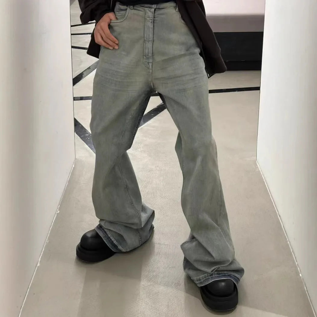 Rick RO Vintage Washed Wide Leg Skinny Jeans with Built-Up Floor-Length and Distressed Details and Cat-Fur Style Denim Pants