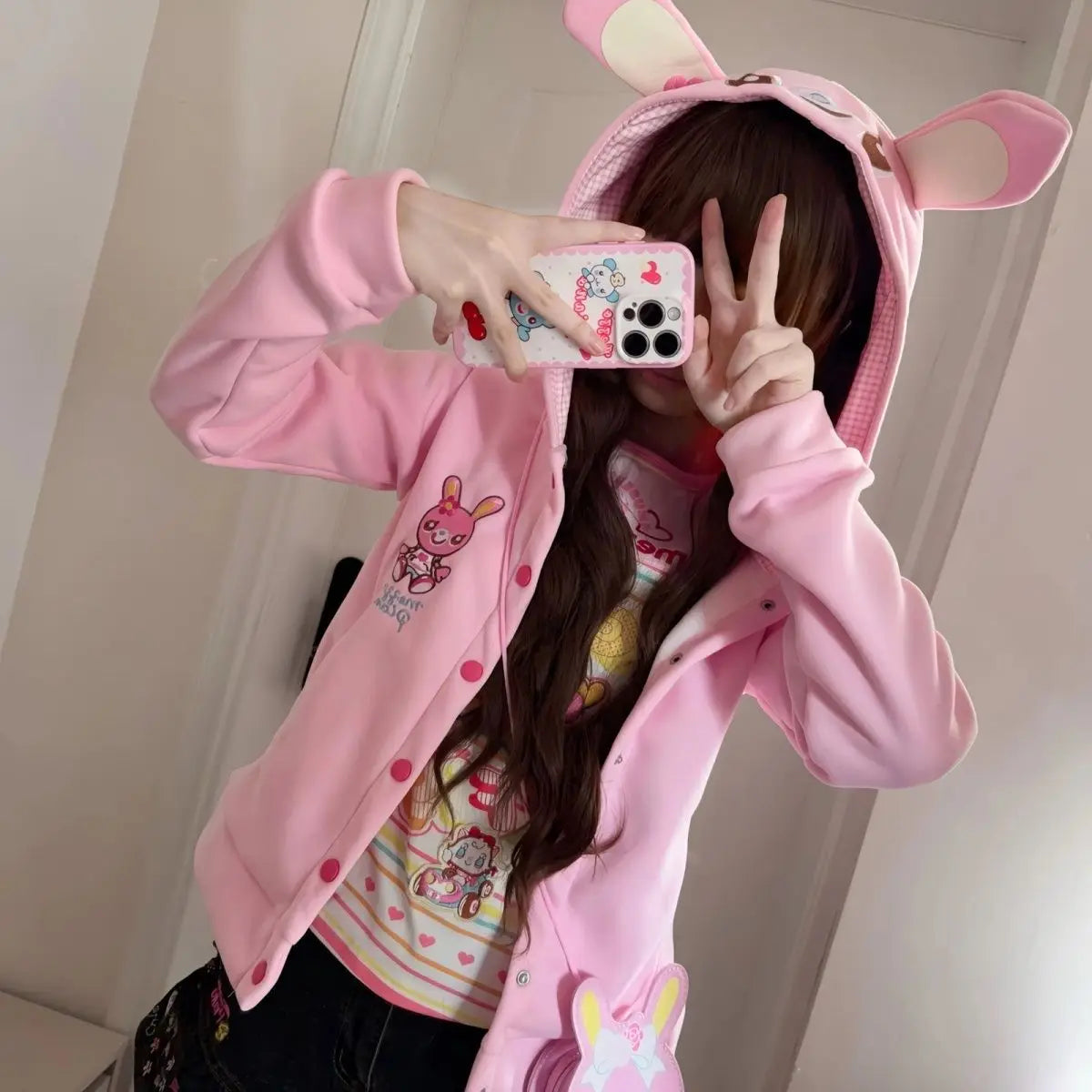 Japanese Cute Coat Embroidery Rabbit Ear Hooded Subculture Kawaii Y2k Tops Casual Fashion Sweet Coats Ropa Mujer Women Clothing