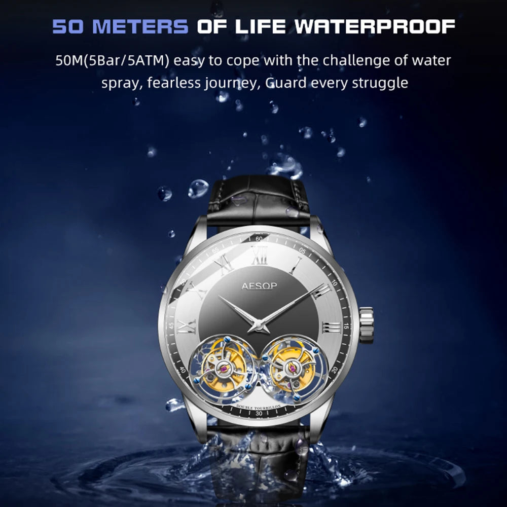Aesop Men's Double Tourbillon Watch Hand Winding Movement Sapphire Business Fashion Male Mechanical Wristwatches Waterproof 2025