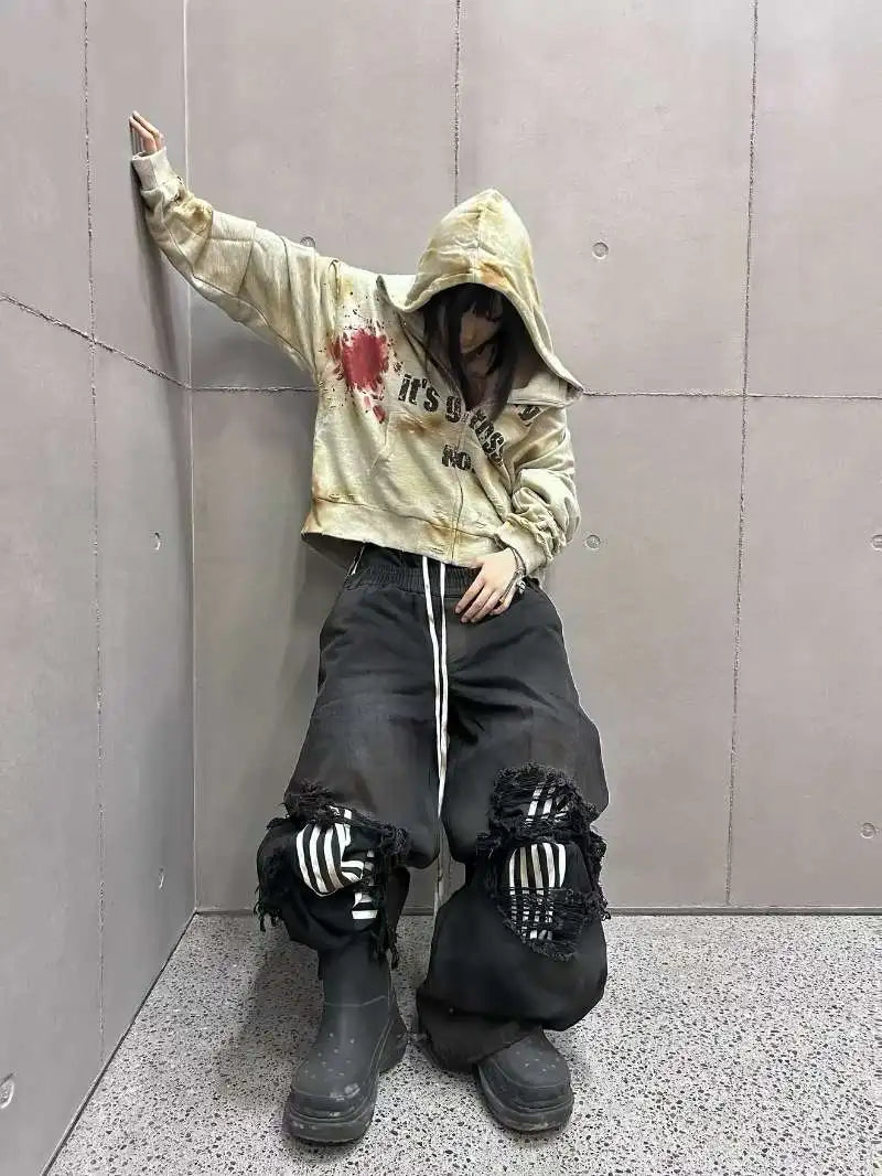 2026 New Y2K Striped Ripped Baggy Jeans for Men Women Harajuku Hip Hop Wide Leg Pants Korean Fashion Couple Casual Trousers
