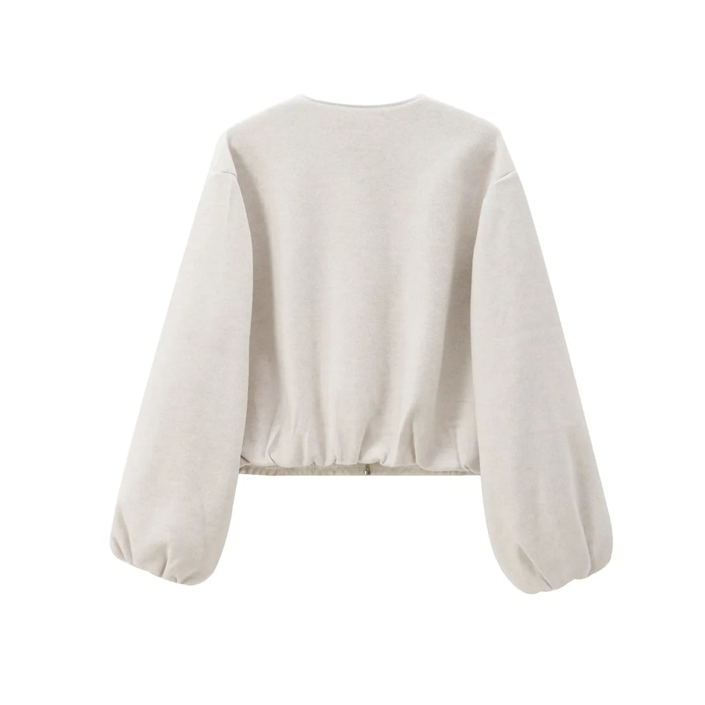 HXAO Outerwears Cropped Bomber Jacket Women Autumn Long Sleeve Faux Wool Coats For Woman Winter Zip Up Gray Beige Short Coats