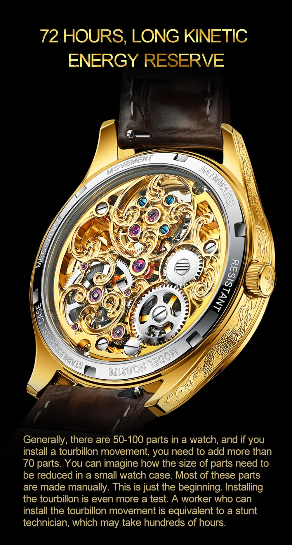 100% OUPNKE 3176 Authentic Tourbillon Men Watch Luxury 3D Relief Golden Dragon Watch Original Mature Automatic Mechanical Watch