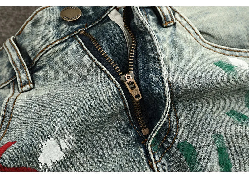High Street Fashion Men Jeans Retro Washed Blue Stretch Slim Fit Ripped Jeans Men Painted Designer Vintage Denim Pencil Pants