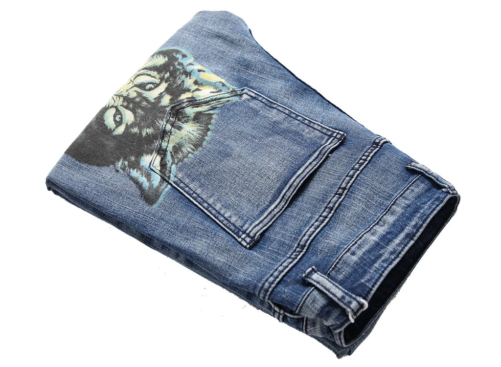 2026 Men's Blue 3D Printing Jeans, Black Wolf Pattern Printed Punk Straight Cotton Casual Print Denim Pants Asian Size 28-42