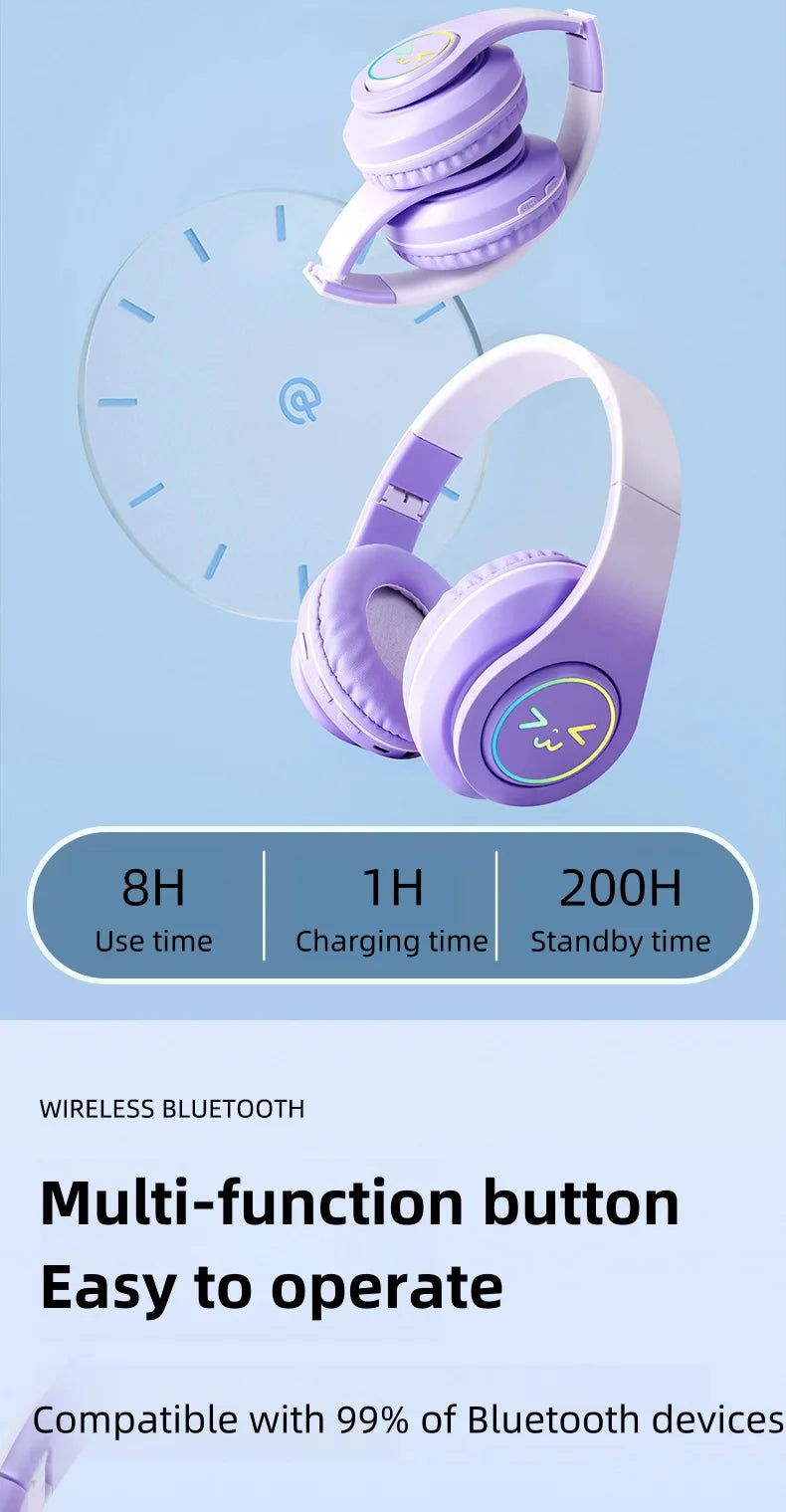 Original Wireless Bluetooth Headphones for Computer RGB Glowing Smiley Face Noise Reduction Gaming Headset Gamer Girl Bass Sport