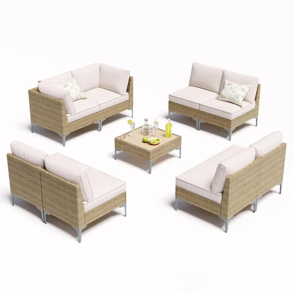 9-Piece Outdoor Patio Furniture Set, All-Weather Wicker Sectional Sofa with Coffee Table & Thick Anti-Slip Cushions, Customized