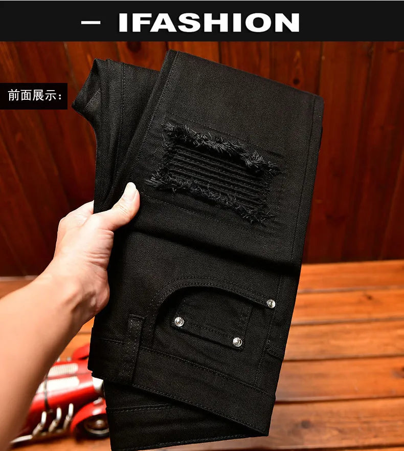High end high street ripped patch design black jeans for men in autumn, slim fit American style trendy pants with small feet