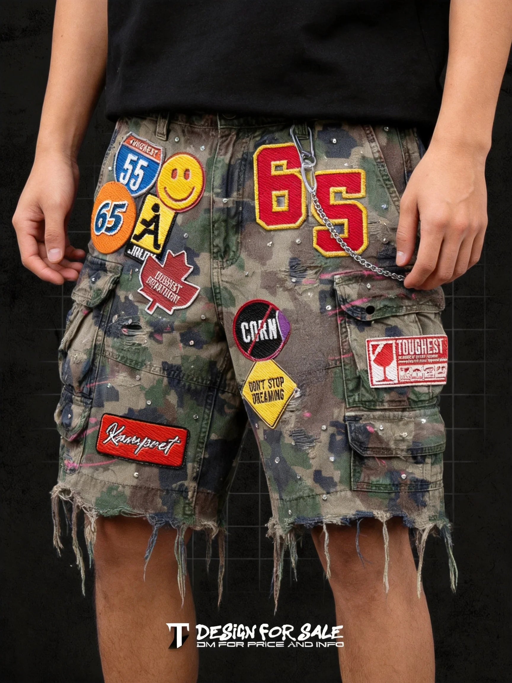 Hip Hop Retro Camo Patchwork Denim Shorts Streetwear Y2K Jeans Men Women Cartoon Graphics Loose Denim Fitness Casual Shorts