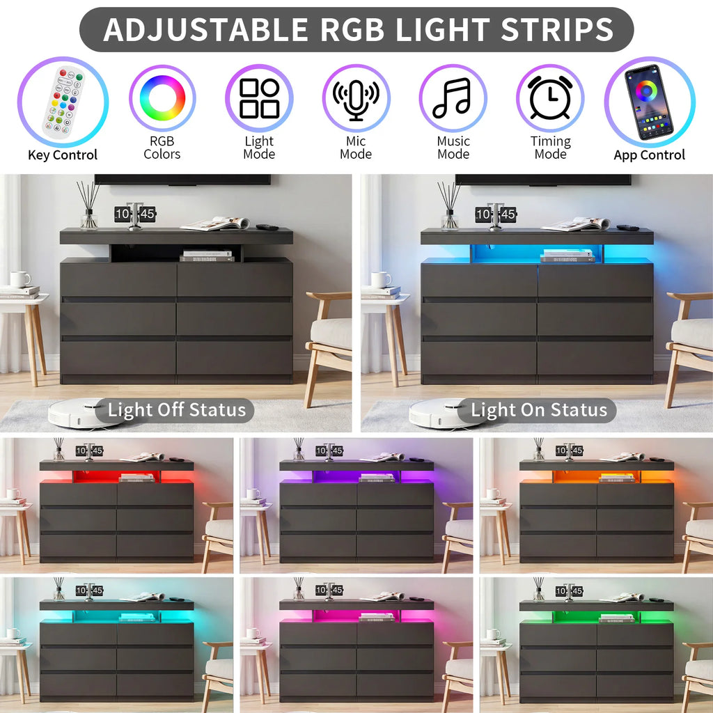 6-Drawer Dresser with Power Outlet with LED Light, Modern Chest of Drawers for Closet, Drawer Organizer Cabinet for Bedroom
