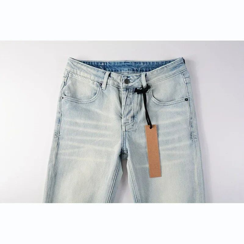 Men's High Street Distressed Light Indigo Stretch Skinny Button Fly Ripped Jeans Pants