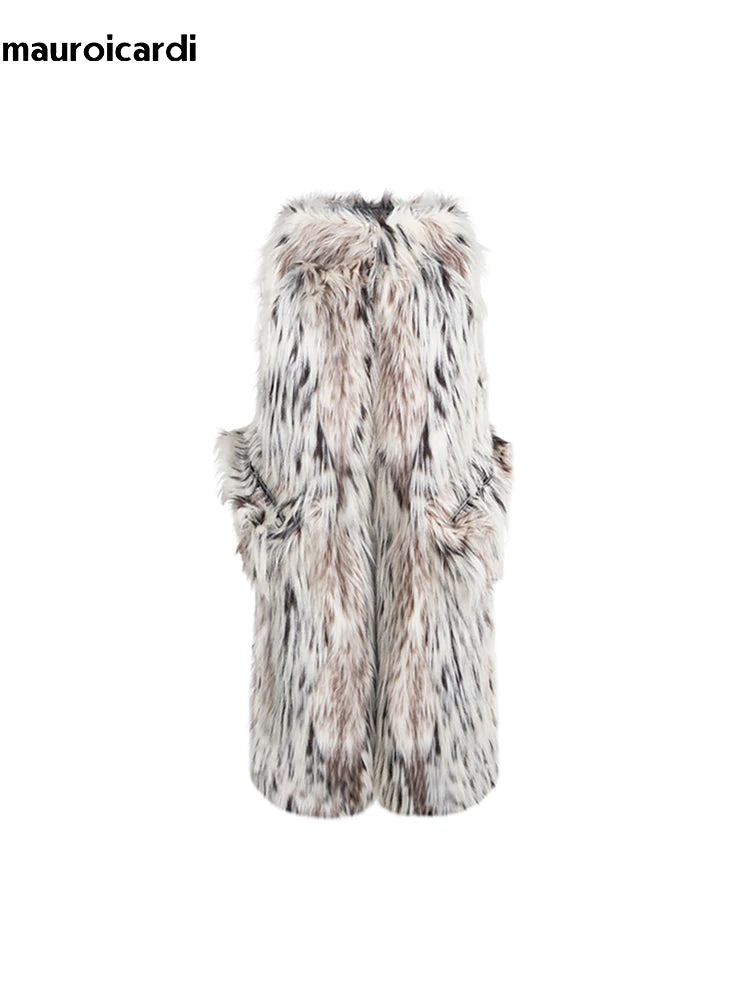 Mauroicardi Autumn Winter Long Colorful Thick Warm Hairy Fluffy Faux Fur Wide Leg Pants Men Pockets Runway Fashion Streetwear