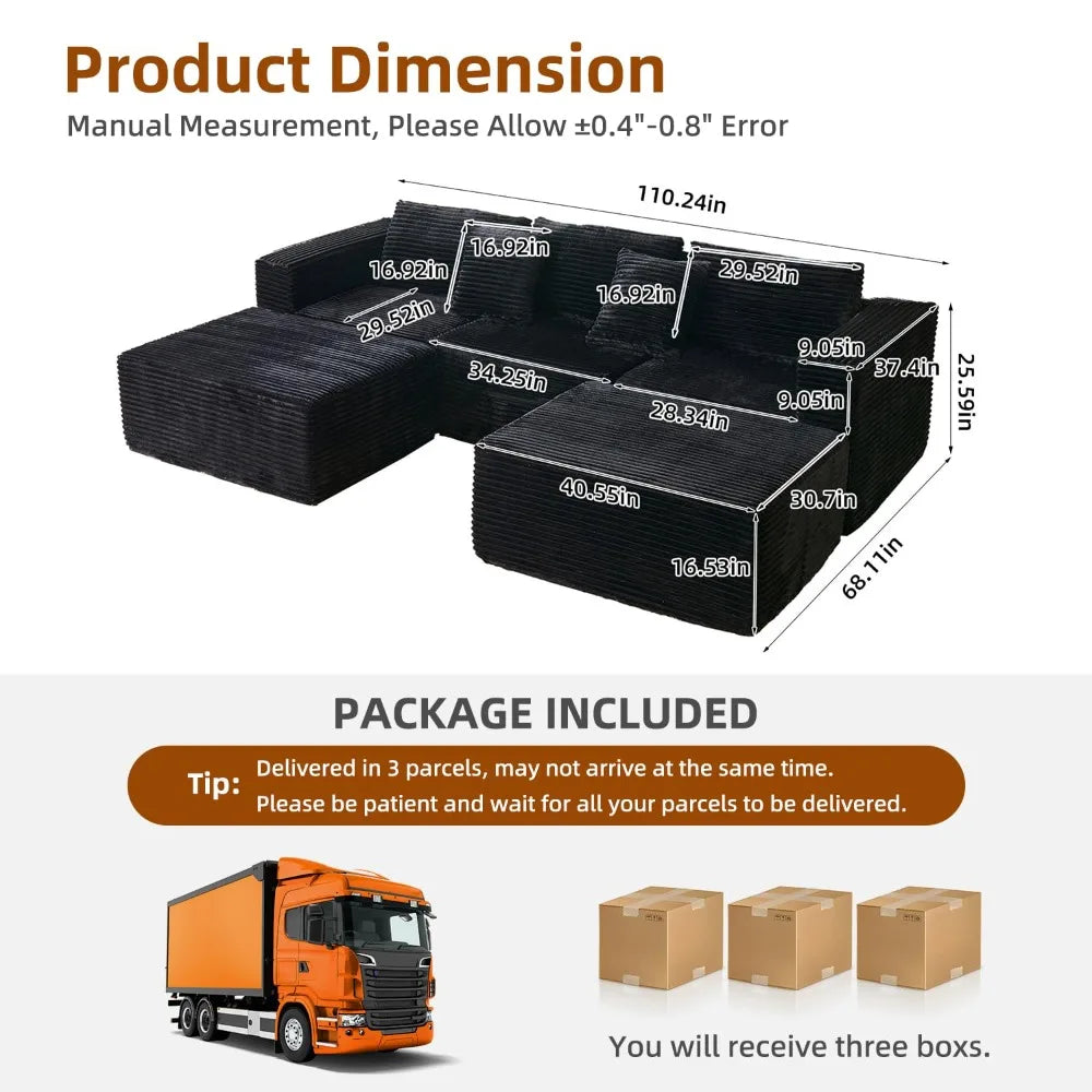 110" Modular Sectional Couch with 2 Movable Ottoman,3-Seater Boneless Cloud Sofa Couches for Living Room, U Shaped, Customized