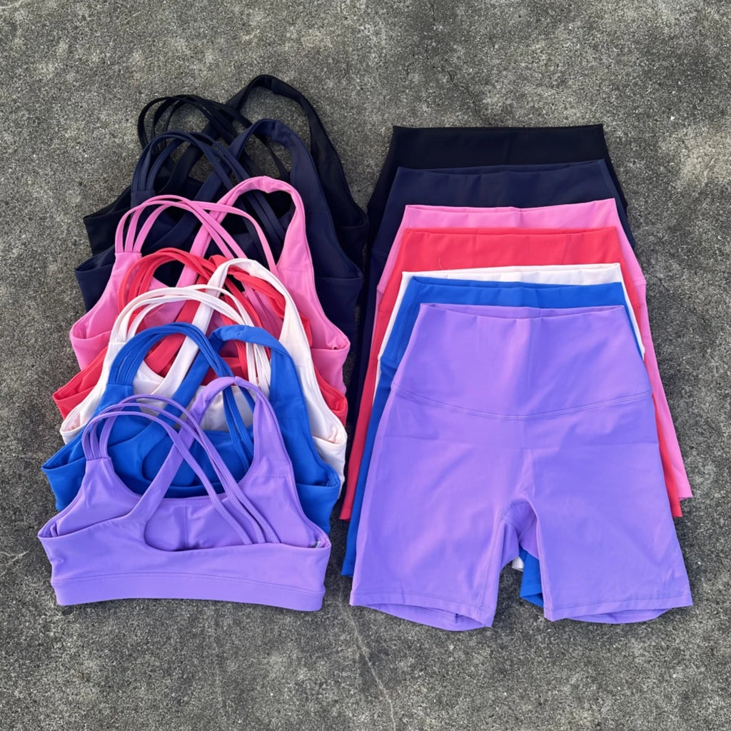 Solid Color High Waist Gym Yoga Short Legging Set Tight Women Cross Back High Impact Shoulder Strap Fitness Bra Top Sportwear