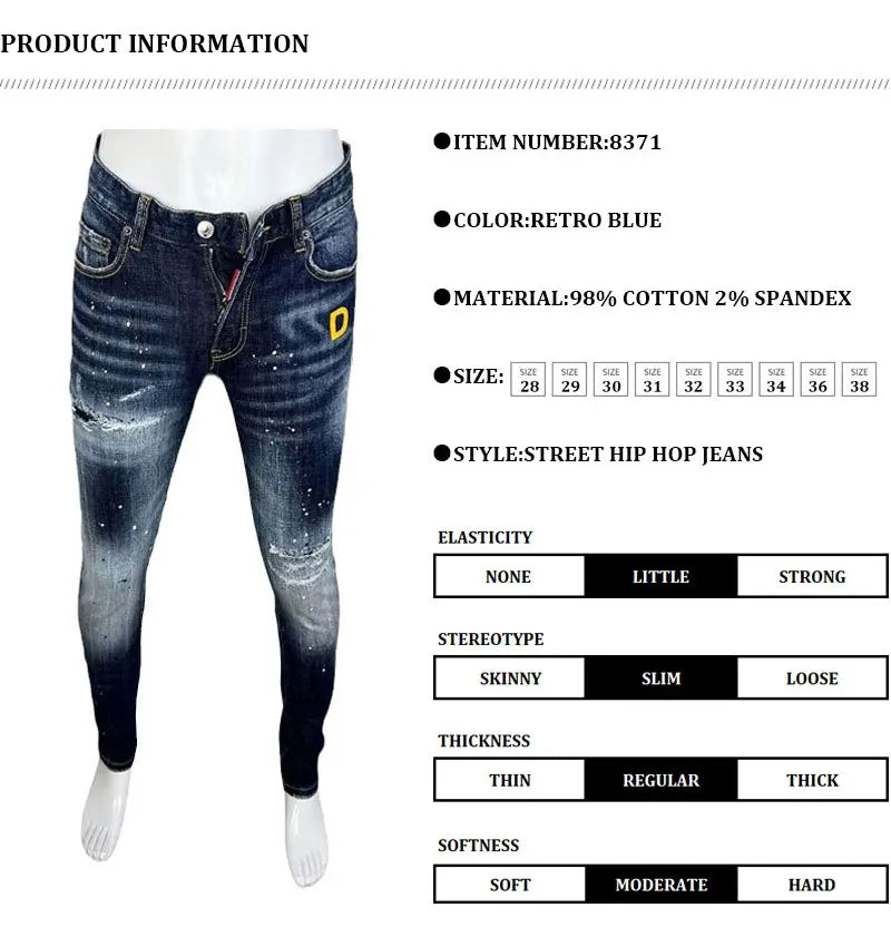Latest designer fashion new men's jeans, washed, vintage painted embroidery, stretchy slim fit hombre