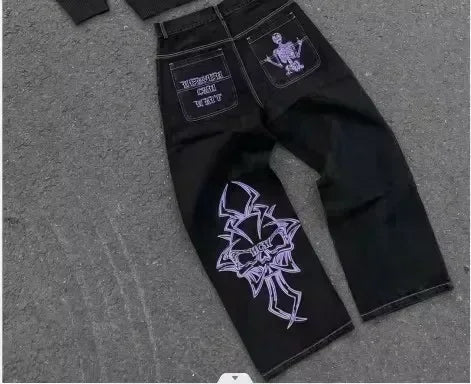 Gothic Abstract Graphic Jeans Y2K Men Women Harajuku Cartoon Eyeball Print Vintage Blue Baggy Jeans Low Waist Wide Leg Trousers