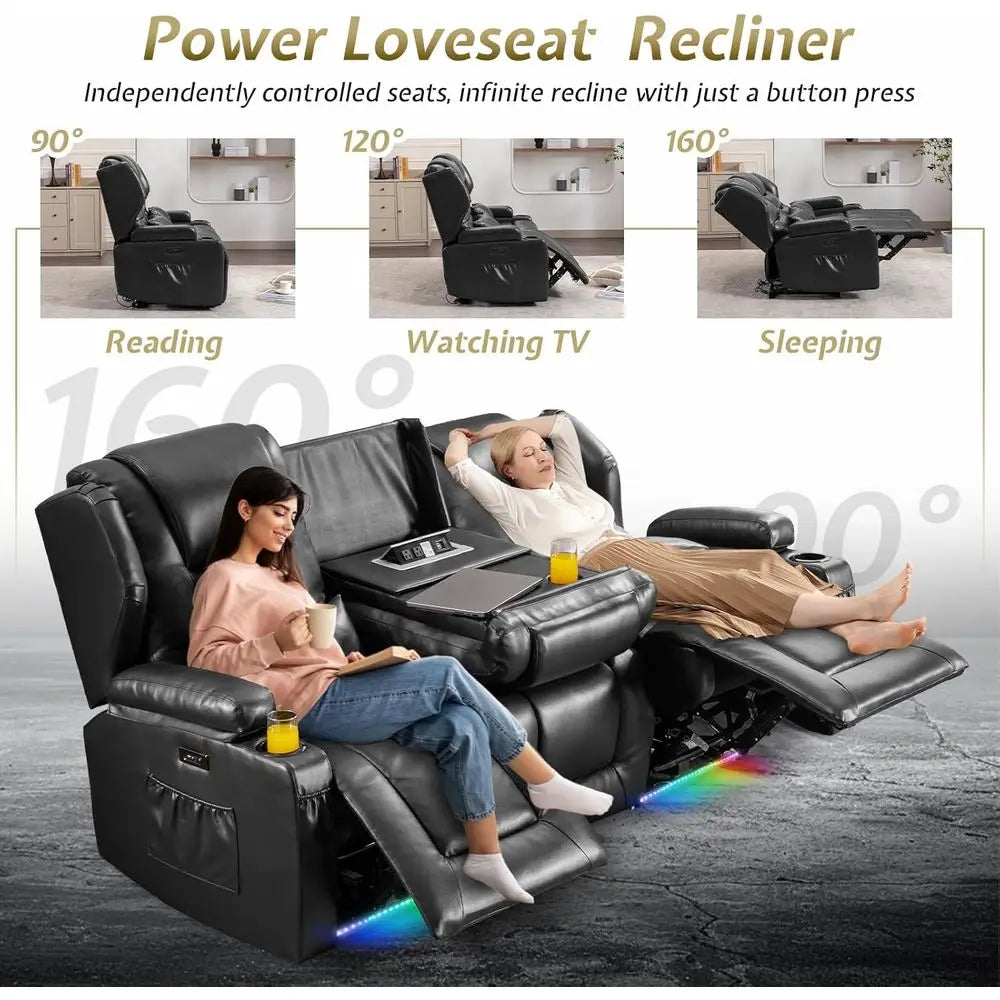Adjustable Split Back Reclining Loveseat with Storage, Cup Holders, LED Lighting - Black Auxiliary Leather Home Theater Seating