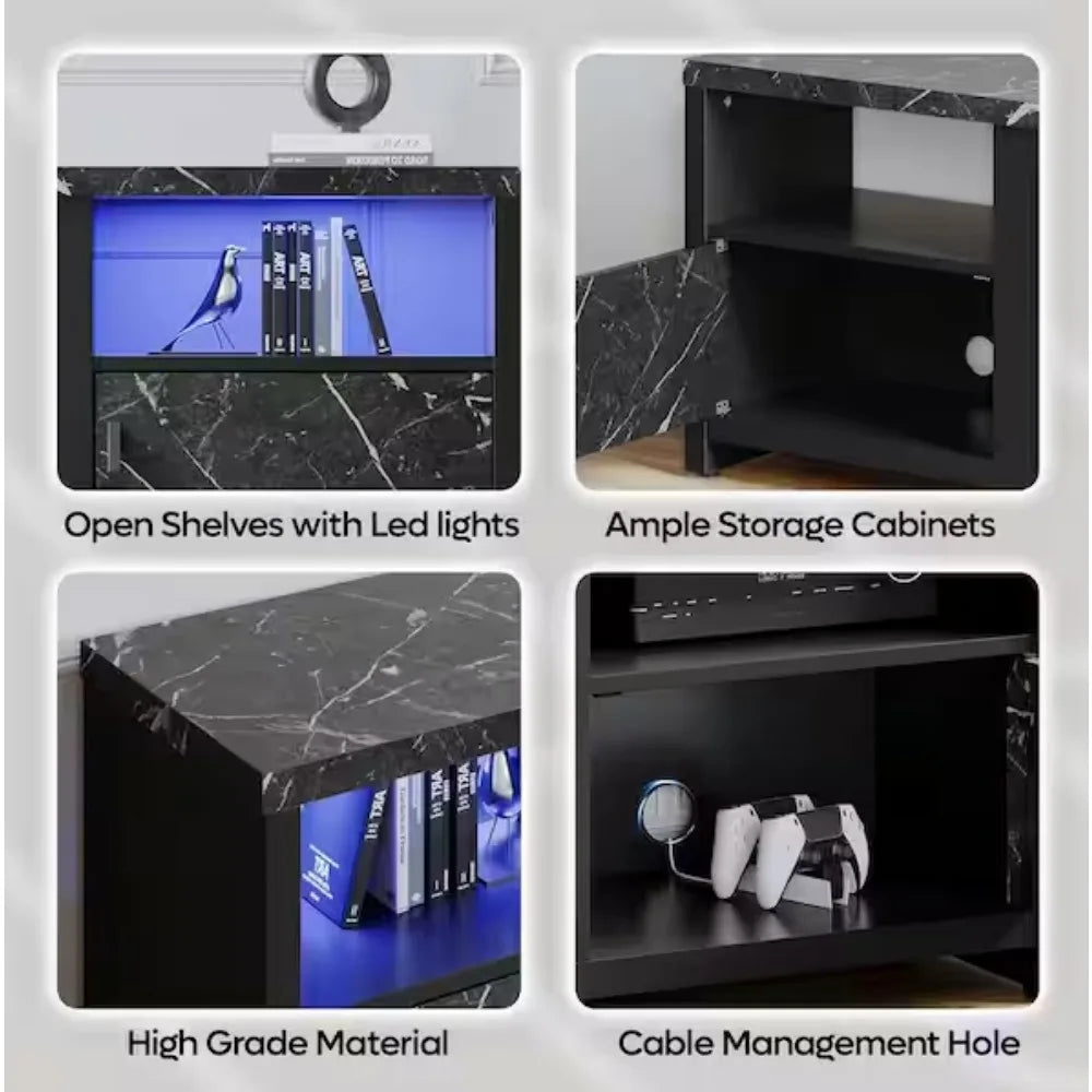 70 in. Black Marble LED TV Stand Fits TV's Up to 75 in. Entertainment Center with Fireplace and Cabinets