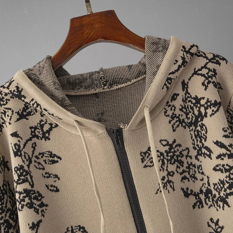 Korean Jacquard Design 2 Piece Sets Women Knitted Zipper Hooded Sweatshirt Tops Conjuntos High Waist Knitwear Sweatpants Outfit