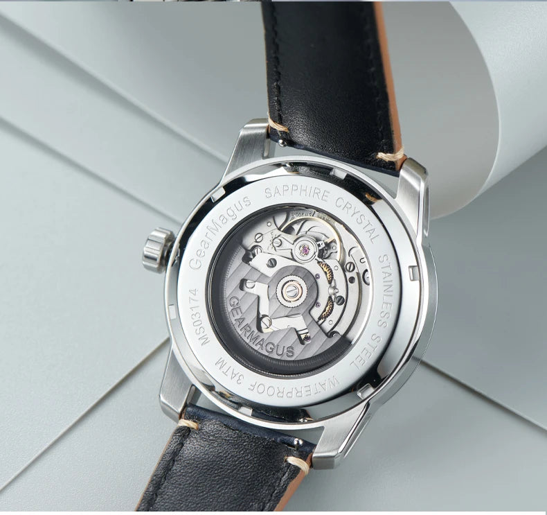 OBLVLO Men Automatic Watch 42MM Mechanical Wristwatch Luminous 50m Waterproof Sapphire Unique Concept Gear Dial SW200