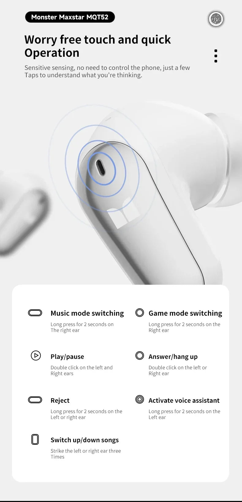 Monster MQT52 Gaming Headset TWS Wireless Bluetooth 5.4 HIFI Stereo Sound Earphones Talking Noise Canceling Earbuds with Mic