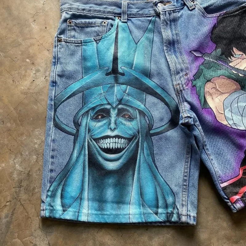 Retro American Trendy Streetwear Y2K Harajuku Anime Printed Denim Shorts Men Gothic Hip-hop Punk Loose Casual Straight Pants