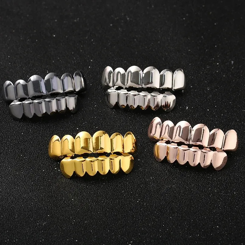 Gold Silver Plated HIP HOP Teeth Grillz Top & Bottom Grills Set With silicone Real Shiny Vampire Tooth Sets