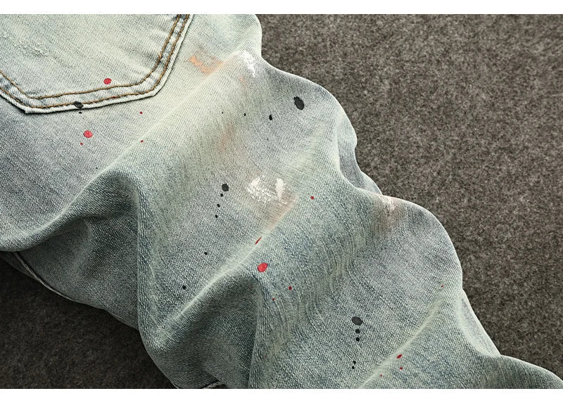 High Street Fashion Men Jeans Retro Washed Blue Stretch Slim Fit Ripped Jeans Men Painted Designer Vintage Denim Pencil Pants