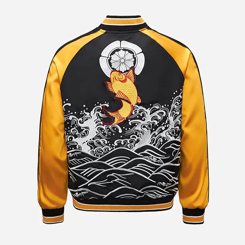 Japanese Sukajan Koi Fish Embroidered Satin Bomber Jacket Wave Print Varsity Jacket Men's and Women's Baseball Jackets