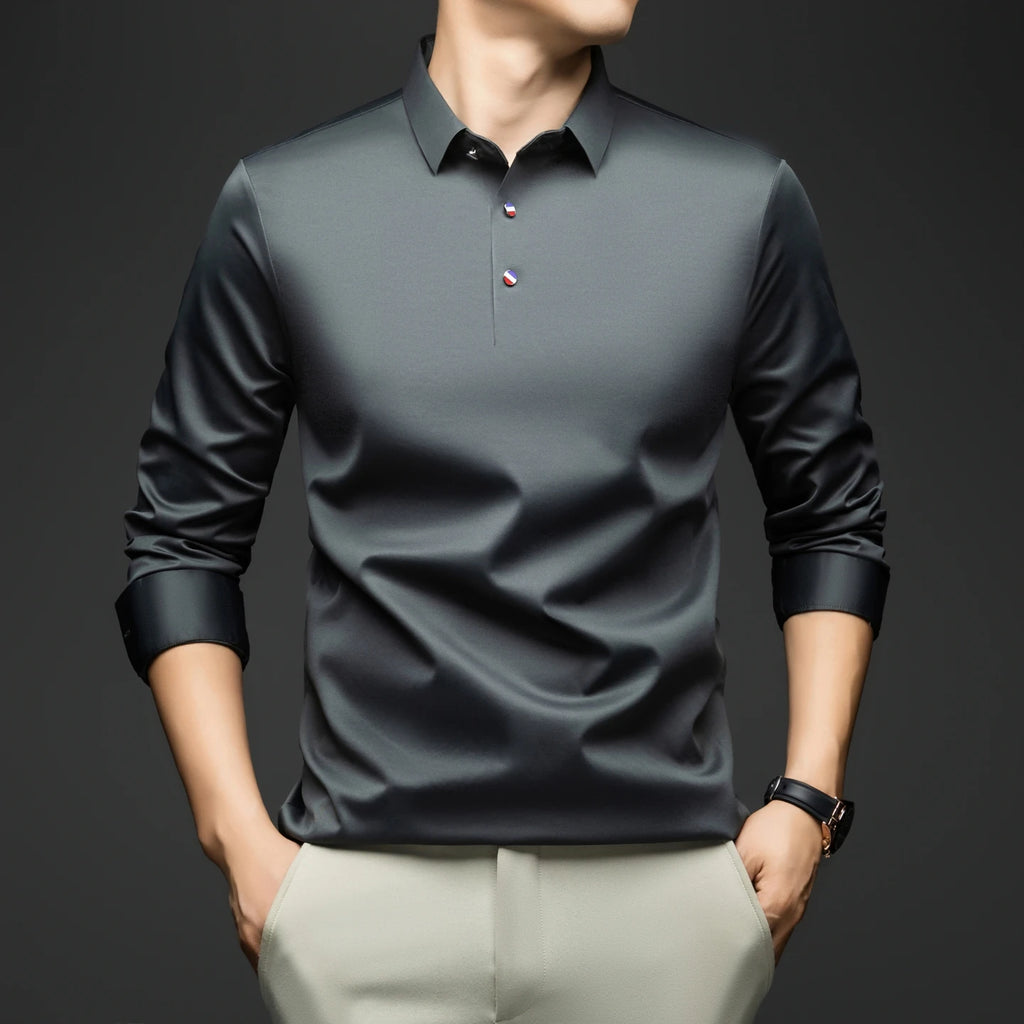 BROWON 2025 Spring Autumn Casual Work Tops Man Tshirt Long Sleeve Solid Color Soft Elegant Business Mulberry Silk T Shirt Man