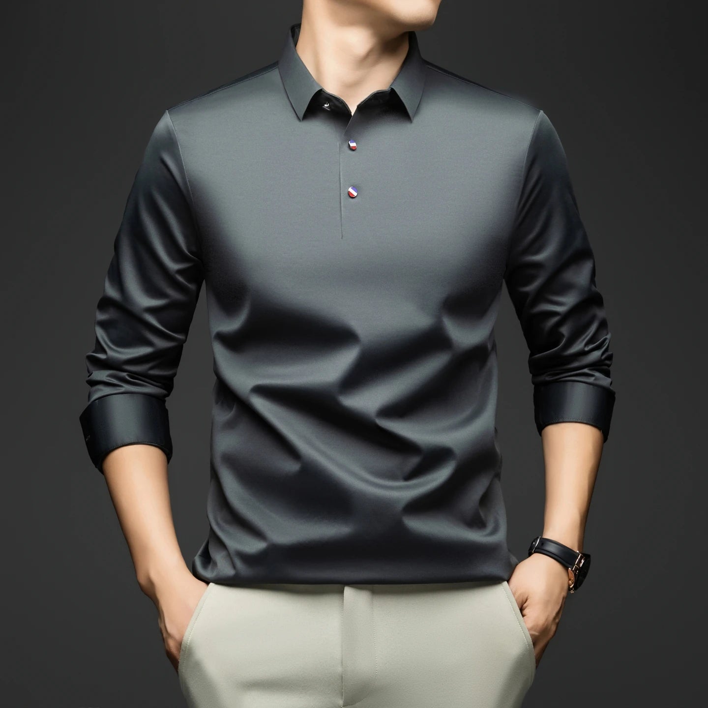 BROWON 2025 Spring Autumn Casual Work Tops Man Tshirt Long Sleeve Solid Color Soft Elegant Business Mulberry Silk T Shirt Man