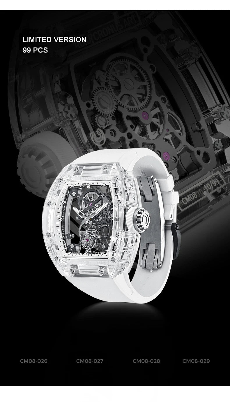 CRONUSART Men Tourbillon Watch Luxury Tonneau Automatic Mechanical Wristwatch Sapphire Case Luminous Fluororubber Strap Skeleton