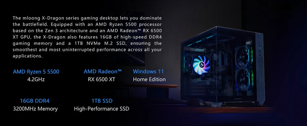 Mloong Gaming PC Desktops AMD Ryzen5 5500, Radeon RX 6500XT 4GB, 1TB SSD, 16GB RAM, 650W, Win11, WiFi, Black