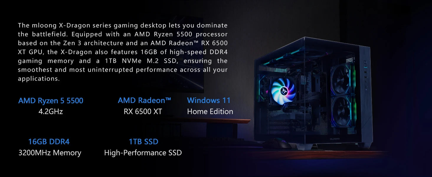 Mloong Gaming PC Desktops AMD Ryzen5 5500, Radeon RX 6500XT 4GB, 1TB SSD, 16GB RAM, 650W, Win11, WiFi, Black