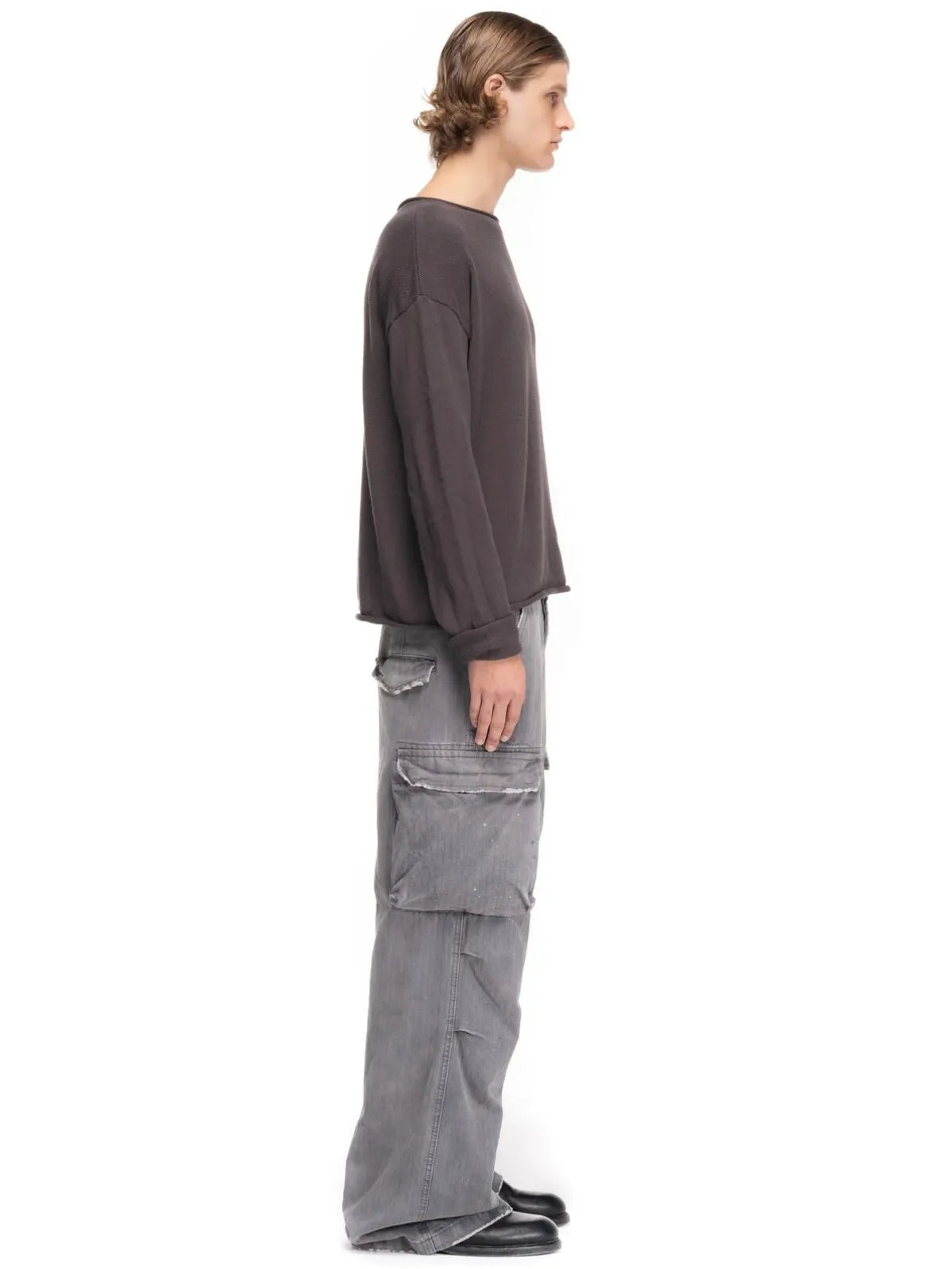 No faith studios herringbone twill grey ripped patch paint multi-pocket overalls