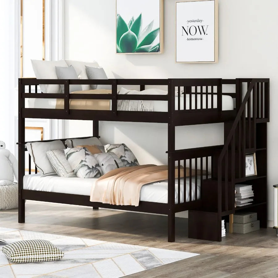 Stairway Full-Over-Full Bunk Bed with Storage and Guard Rail for Bedroom Dorm Espresso