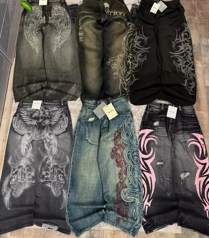 American Fashion New Black Old Washed Holes Baggy Jeans Ladies Y2K Vintage Punk Fashion Casual Joker High Waist Wide Leg Pants