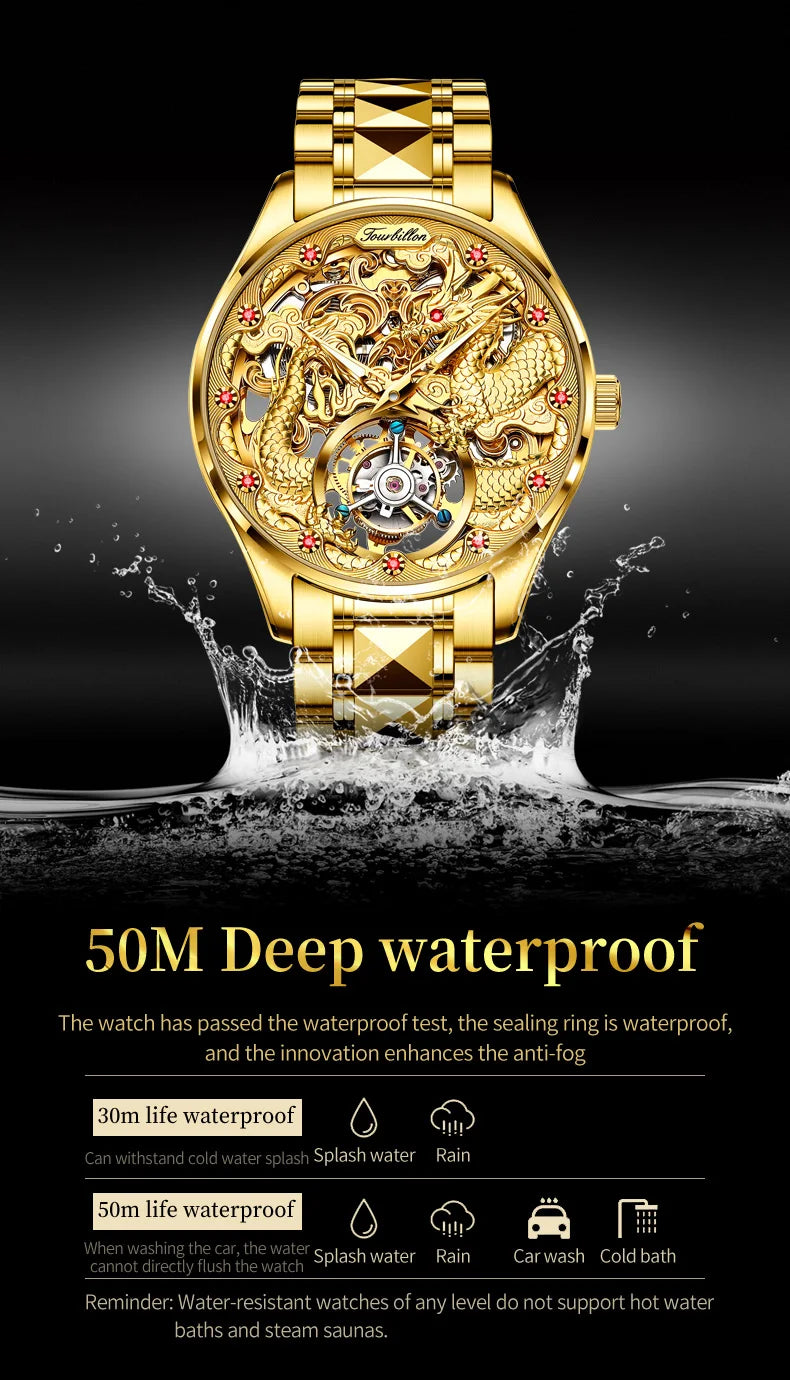 100% Golden Dragon OUPINKE 3176 True Tourbillon Watch Brand Luxury Tungsten Steel Men Automatic Mechanical Watch Reloj Hombre