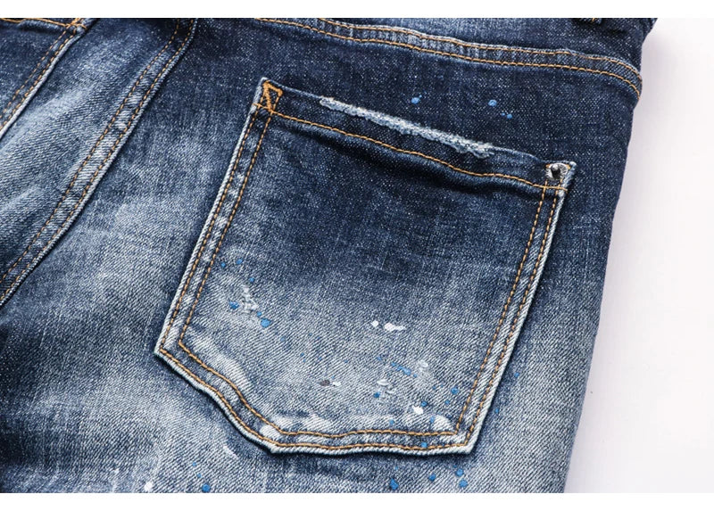 Latest designer fashion new men's jeans, washed, vintage painted embroidery, stretchy slim fit hombre