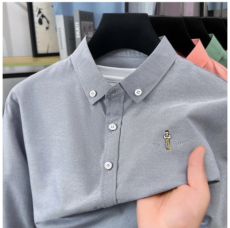 High end brand men's long sleeve shirt fashion cartoon embroidery comfort silk cotton solid color luxury golf casual lapel top