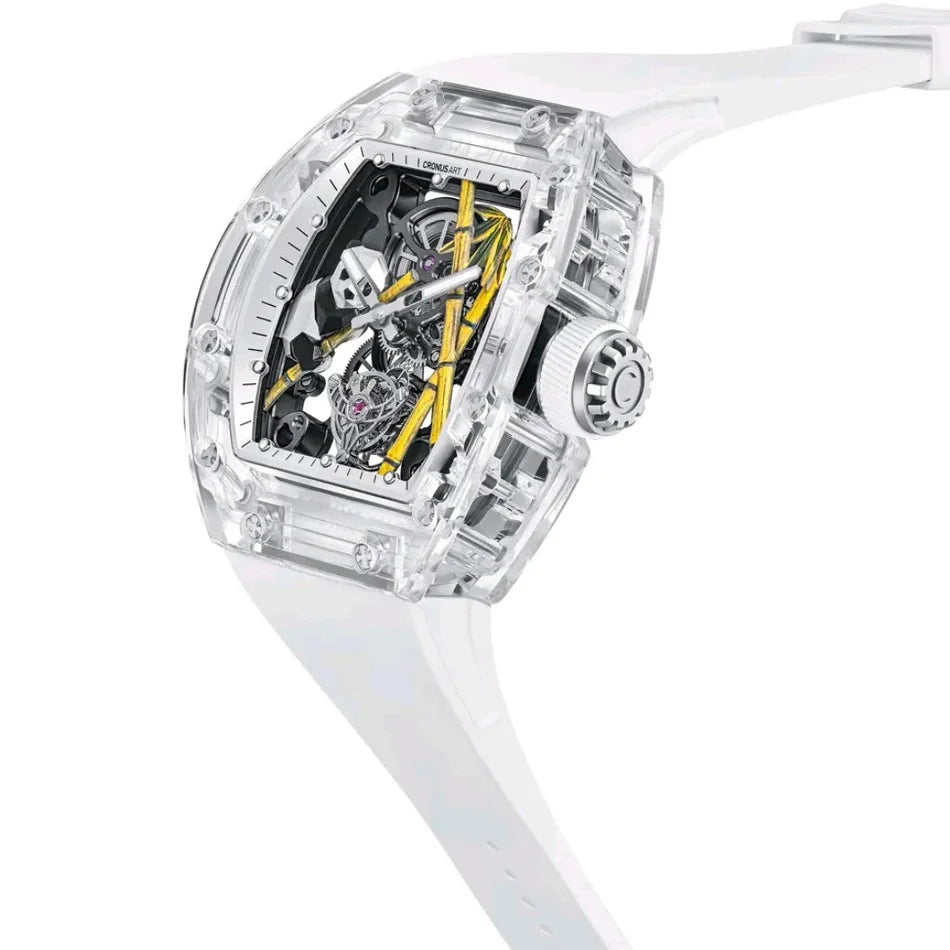 CRONUSART Men Tourbillon Watch 50mm*42mm Tonneau Sapphire Case Mechanical Wristwatch Fluororubber Strap Skeleton Panda Dial