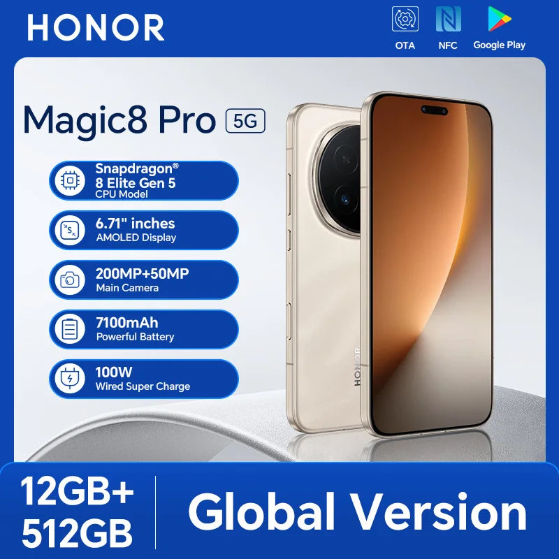 2026 New HONOR Magic8 Pro Global Version 12GB+512GB 6.71'' 120Hz OLED Screen 200MP Cameras 7100mAh 100W SuperCharge Android 16