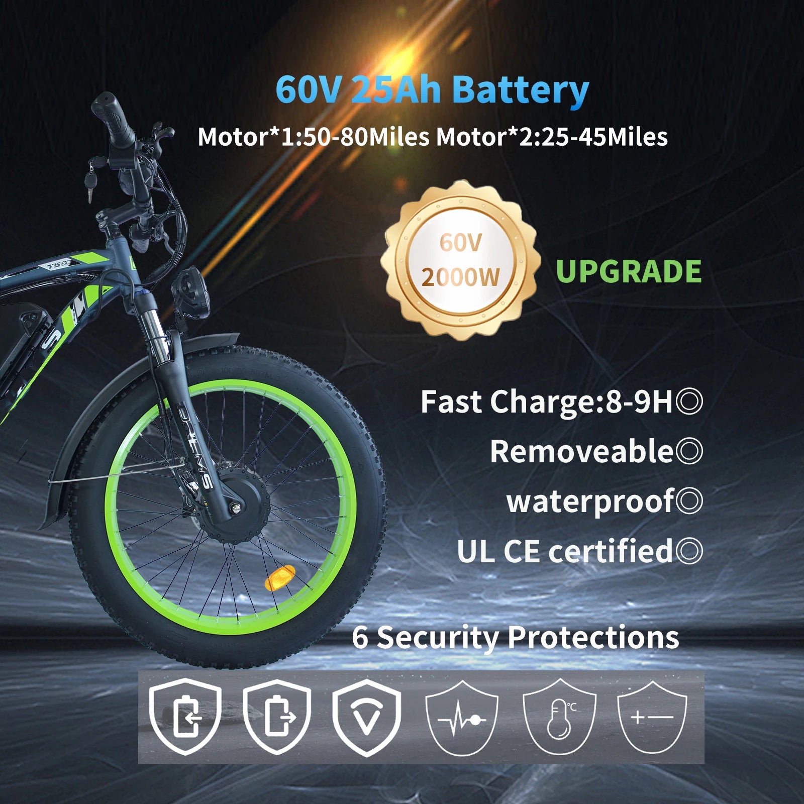 ORLMS TS60 Adult Electric Bicycle 1000W*2 Motor Men's E-bike  60V25AH Battery E-bike 26" Fat Tire Men's E-Mountain ebike
